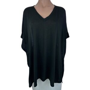 Chico's Size M/L Black Loose Pullover Top Short Sleeves V-Neck Polyester/Rayon
